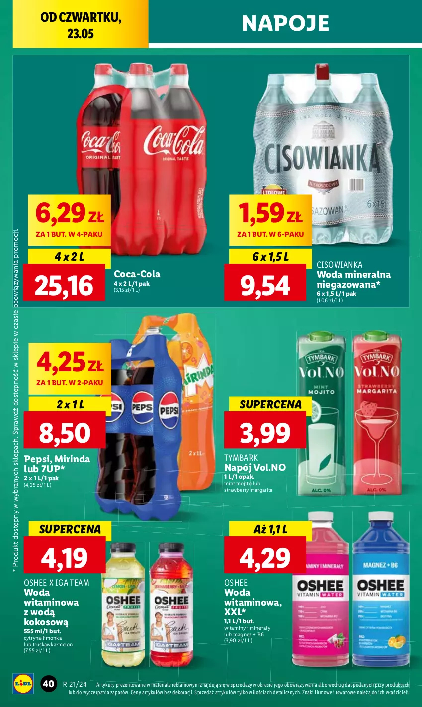 Gazetka promocyjna Lidl - GAZETKA - ważna 23.05 do 25.05.2024 - strona 49 - produkty: 7up, Cisowianka, Coca-Cola, Kokos, Limonka, Magnez, Melon, Napój, Napoje, Oshee, Tymbark, Woda, Woda mineralna