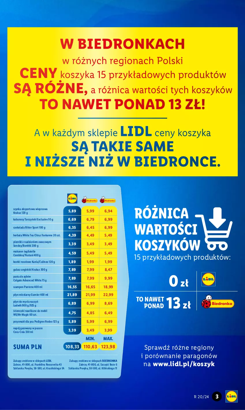 Gazetka promocyjna Lidl - GAZETKA - ważna 16.05 do 18.05.2024 - strona 3 - produkty: Bonitki, Coca-Cola, Colgate, Czekolada, Do mycia naczyń, Dron, Garnier, Herbata, Kabanos, Kostki rosołowe, Kosz, Krakus, LG, Ludwik, Makaron, Napój, Napój gazowany, Pantene, Pasta do zębów, Pedigree, Piernik, Płyn do mycia, Płyn do mycia naczyń, Płyn micelarny, Por, Przysmaki, Ritter Sport, Sport, Szampon, Szynka, Tagliatelle, Tarczyński, Teekanne