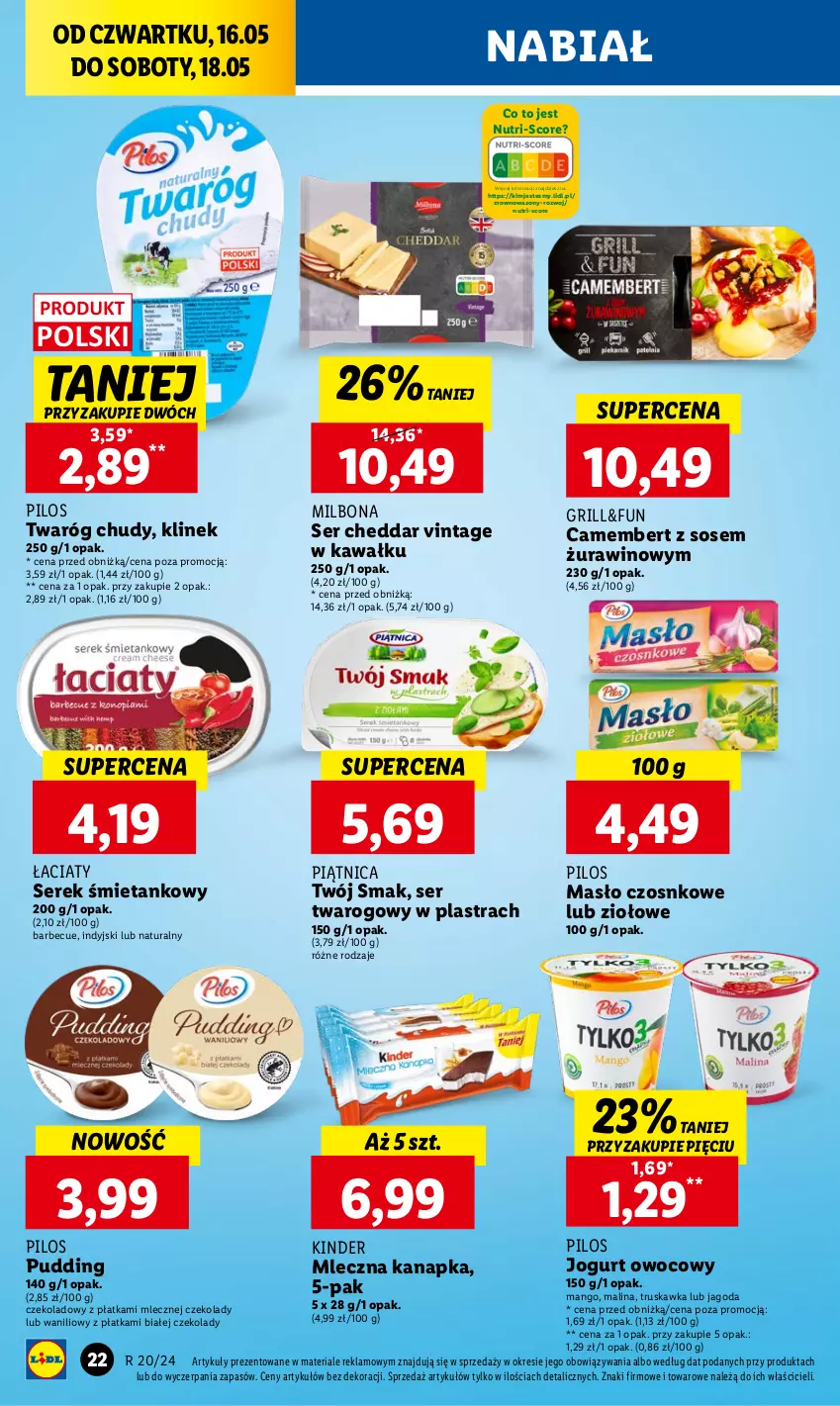 Gazetka promocyjna Lidl - GAZETKA - ważna 16.05 do 18.05.2024 - strona 30 - produkty: Camembert, Cheddar, Grill, Jogurt, Jogurt owocowy, Kawa, Kinder, Mango, Masło, Mleczna kanapka, Piątnica, Pilos, Pudding, Ser, Ser twarogowy, Serek, Sos, Twaróg, Twaróg chudy, Twój Smak, Wazon, Wino