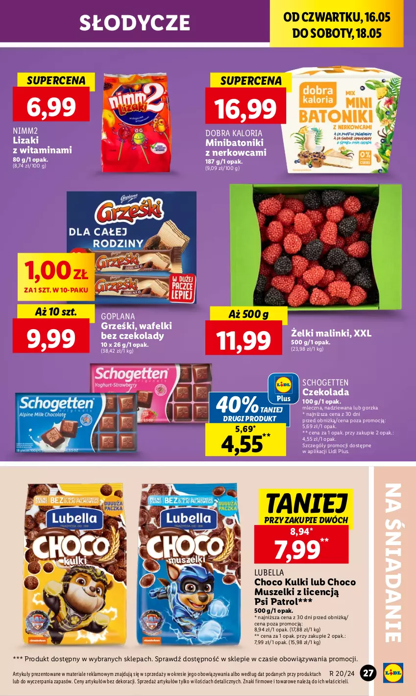 Gazetka promocyjna Lidl - GAZETKA - ważna 16.05 do 18.05.2024 - strona 35 - produkty: Baton, Bell, Bella, Czekolada, Goplana, Grześki, LANA, Lizaki, Lubella, Mus, Nimm2, Psi Patrol, Schogetten, Tonik