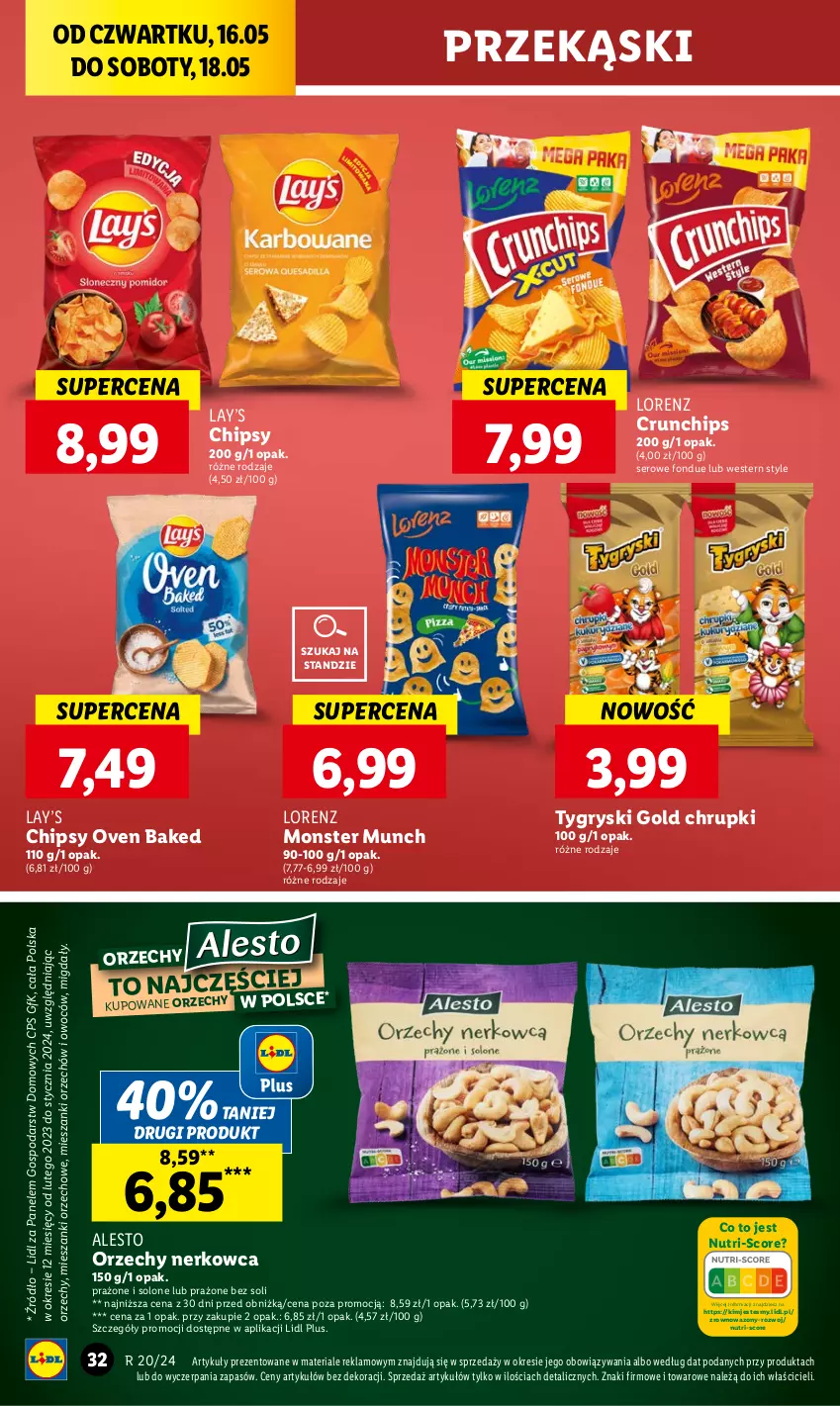 Gazetka promocyjna Lidl - GAZETKA - ważna 16.05 do 18.05.2024 - strona 40 - produkty: Chipsy, Chrupki, Crunchips, Fondue, Gry, Lay’s, Lorenz, Migdały, Monster Munch, Ser, Wazon