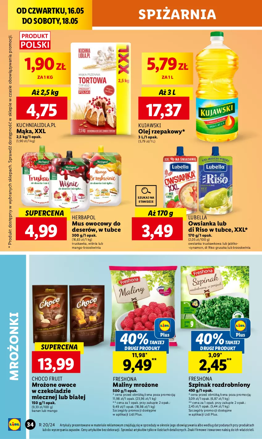 Gazetka promocyjna Lidl - GAZETKA - ważna 16.05 do 18.05.2024 - strona 42 - produkty: Bell, Bella, Deser, Herbapol, Kuchnia, Kujawski, Lubella, Mąka, Maliny, Mango, Mus, Olej, Olej rzepakowy, Owoce, Owsianka, Ser, Szpinak