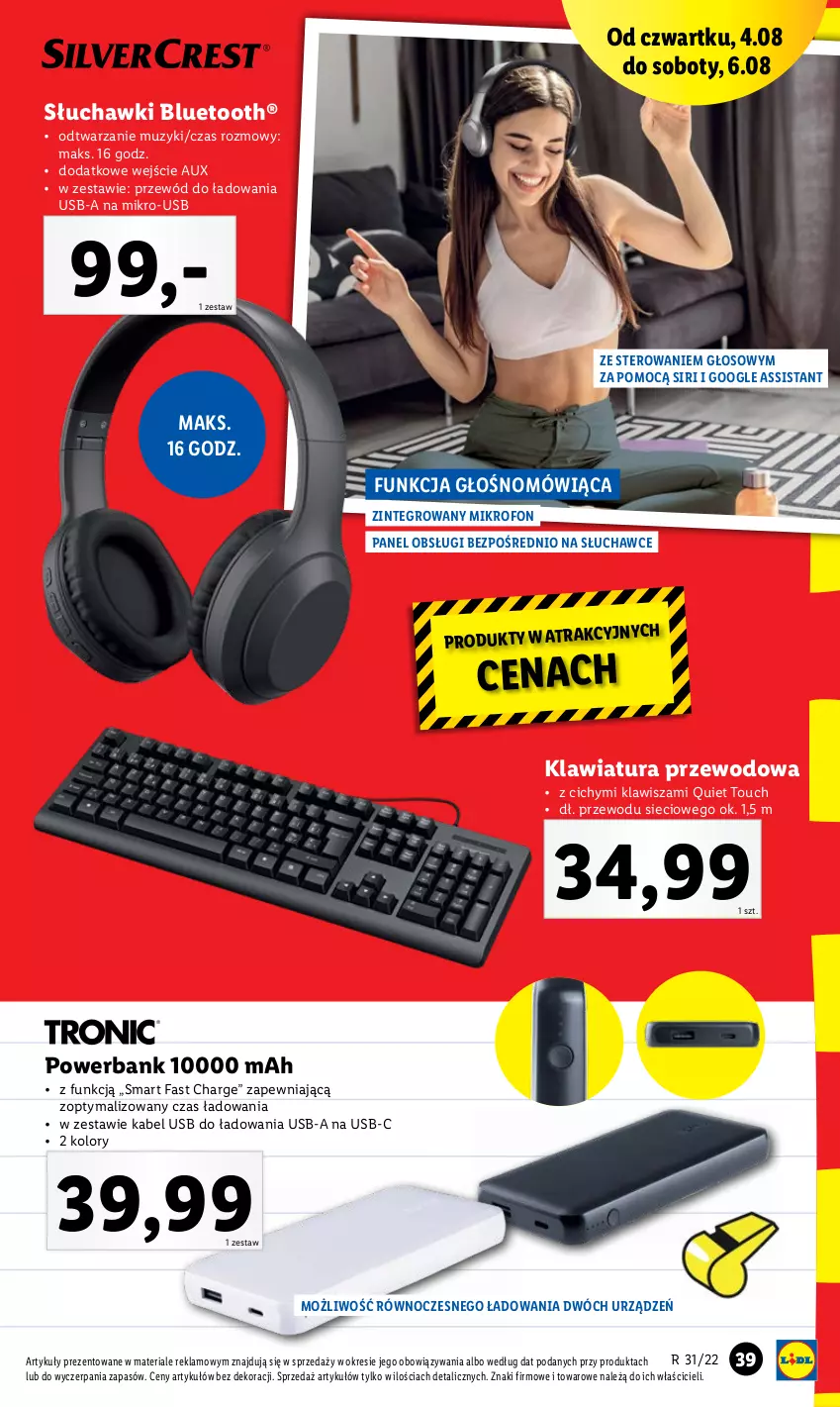 Gazetka promocyjna Lidl - GAZETKA - ważna 01.08 do 06.08.2022 - strona 39 - produkty: Fa, Kabel USB, Klawiatura, Mikrofon, Powerbank, Przewód, Słuchawki, Słuchawki bluetooth