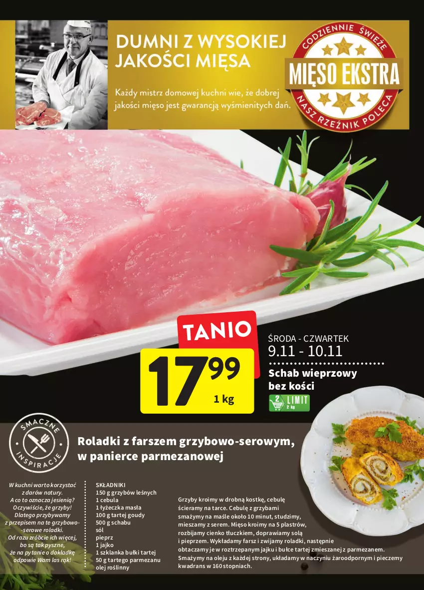 Gazetka promocyjna Intermarche - Gazetka Intermarche - ważna 09.11 do 15.11.2022 - strona 14 - produkty: Cebula, Fa, Grzyby, Mięso, Olej, Olej roślinny, Parmezan, Piec, Pieprz, Por, Schab wieprzowy, Ser, Sól, Szklanka, Top