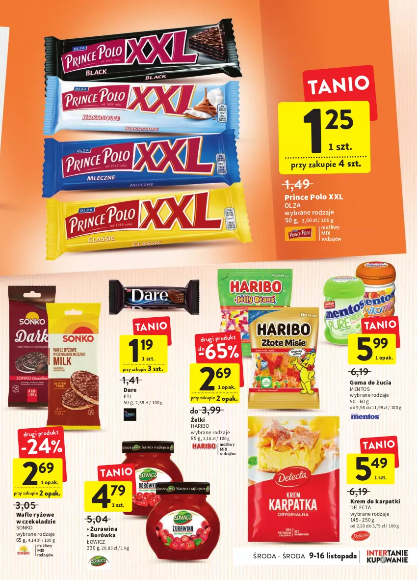 Gazetka promocyjna Intermarche - Gazetka Intermarche - ważna 09.11 do 15.11.2022 - strona 27 - produkty: Borówka, Delecta, Guma do żucia, Haribo, Karp, Krem do karpatki, Mentos, Prince Polo, Ryż, Sonko, Top, Wafle