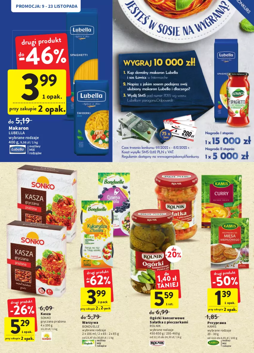 Gazetka promocyjna Intermarche - Gazetka Intermarche - ważna 09.11 do 15.11.2022 - strona 30 - produkty: Bell, Bella, Bonduelle, Gry, Kamis, Kasza, Lubella, Makaron, Ogórki konserwowe, Piec, Pieczarka, Rolnik, Sałat, Sałatka, Ser, Sonko, Top, Warzywa