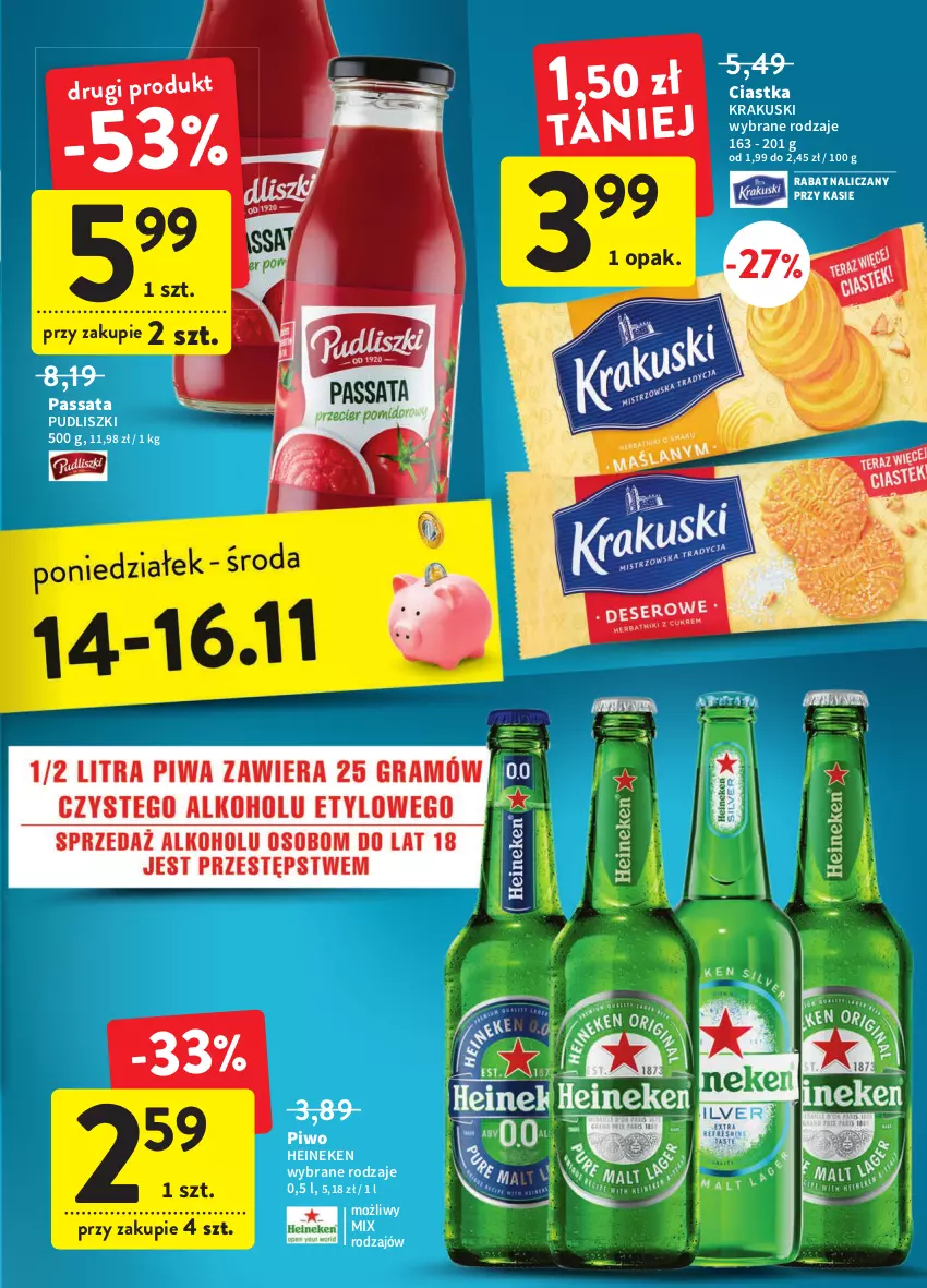 Gazetka promocyjna Intermarche - Gazetka Intermarche - ważna 09.11 do 15.11.2022 - strona 39 - produkty: Ciastka, Heineken, Krakus, Krakuski, Piwo, Pudliszki