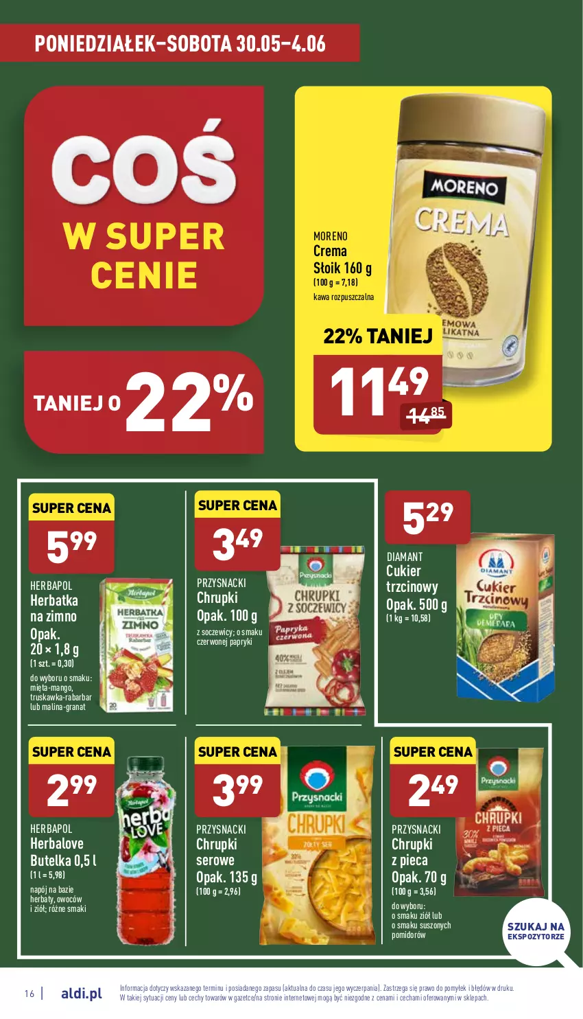 Gazetka promocyjna Aldi - Pełny katalog - ważna 30.05 do 04.06.2022 - strona 16 - produkty: Chrupki, Cukier, Cukier trzcinowy, Diamant, Gra, Granat, Herbapol, Kawa, Kawa rozpuszczalna, Mango, Mięta, Napój, Piec, Przysnacki, Ser