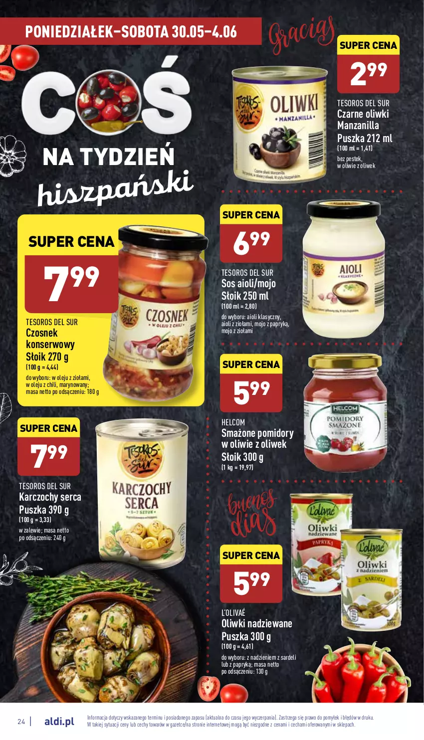 Gazetka promocyjna Aldi - Pełny katalog - ważna 30.05 do 04.06.2022 - strona 24 - produkty: Czosnek, HELCOM, Karczochy, Olej, Oliwki, Pomidory, Ser, Sos, Stek