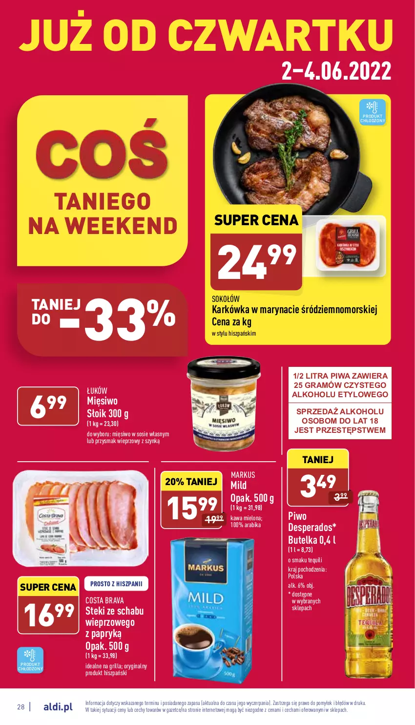 Gazetka promocyjna Aldi - Pełny katalog - ważna 30.05 do 04.06.2022 - strona 28 - produkty: Desperados, Gin, Gra, Grill, Kawa, Kawa mielona, Piwa, Piwo, Sok, Sokołów, Sos, Stek