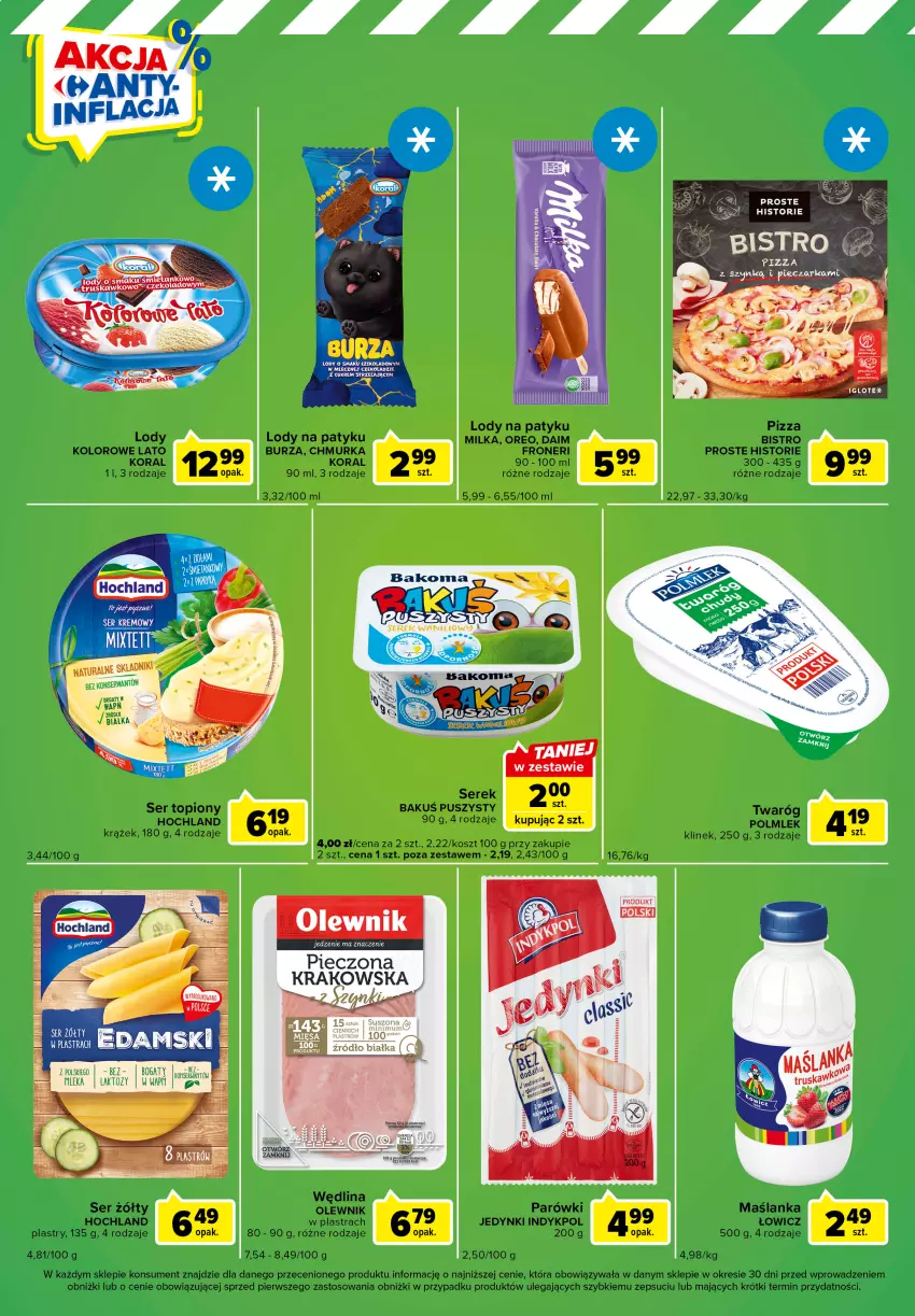 Gazetka promocyjna Carrefour - Gazetka Express - ważna 23.05 do 29.05.2023 - strona 2 - produkty: Hochland, Kosz, Lody, Maślanka, Milka, Olewnik, Oreo, Parówki, Piec, Pieczarka, Pizza, POLMLEK, Ser, Ser topiony, Serek, Top, Twaróg, Wędlina