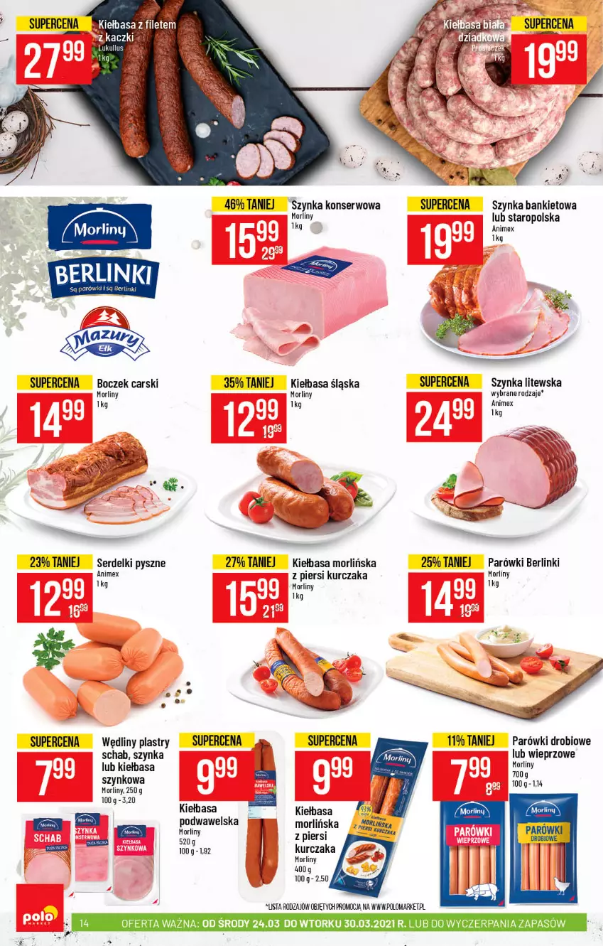 Gazetka promocyjna PoloMarket - Gazetka promocyjna  r - ważna 24.03 do 30.03.2021 - strona 14 - produkty: Berlinki, Boczek, Cars, Kiełbasa, Kiełbasa śląska, Kurczak, Morliny, Parówki, Ser, Serdelki, Szynka, Szynka konserwowa, Wawel