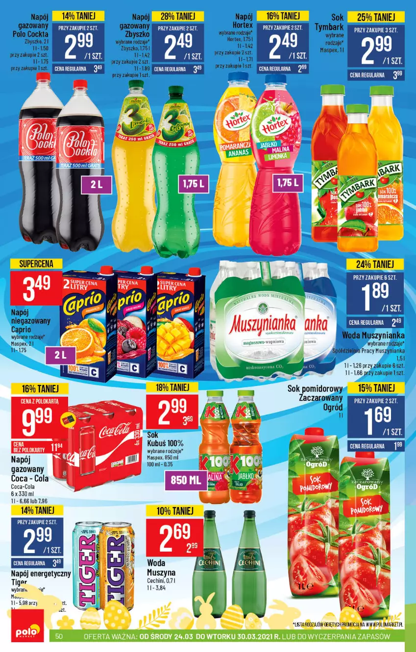 Gazetka promocyjna PoloMarket - Gazetka promocyjna  r - ważna 24.03 do 30.03.2021 - strona 50 - produkty: Coca-Cola, Hortex, Kubuś, Mus, Muszynianka, Napój, Napój energetyczny, Napój gazowany, Napój niegazowany, Sok, Sok pomidorowy, Szyna, Tiger