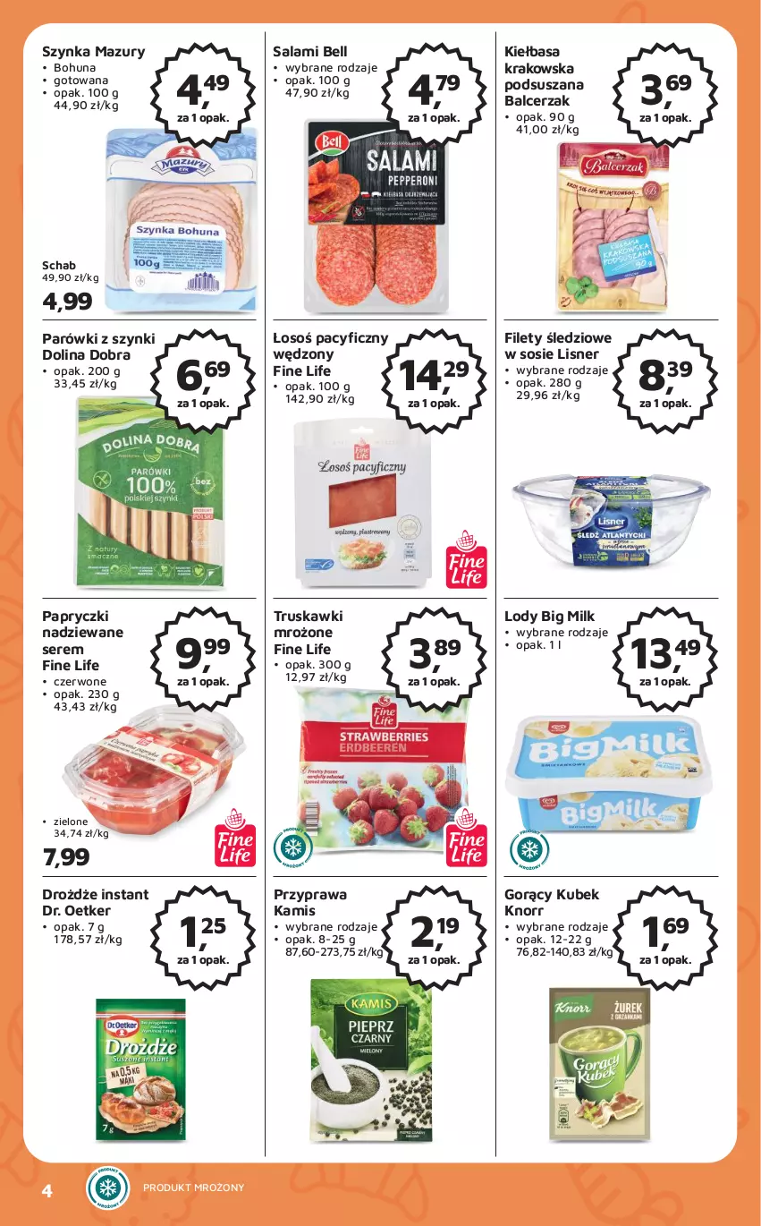 Gazetka promocyjna Odido - Gazetka - ważna 07.04 do 20.04.2023 - strona 4 - produkty: Bell, Big Milk, Dr. Oetker, Drożdże, Kamis, Kiełbasa, Kiełbasa krakowska, Knorr, Kubek, Lisner, Lody, Papryczki nadziewane, Parówki, Parówki z szynki, Salami, Ser, Sos, Szynka, Truskawki