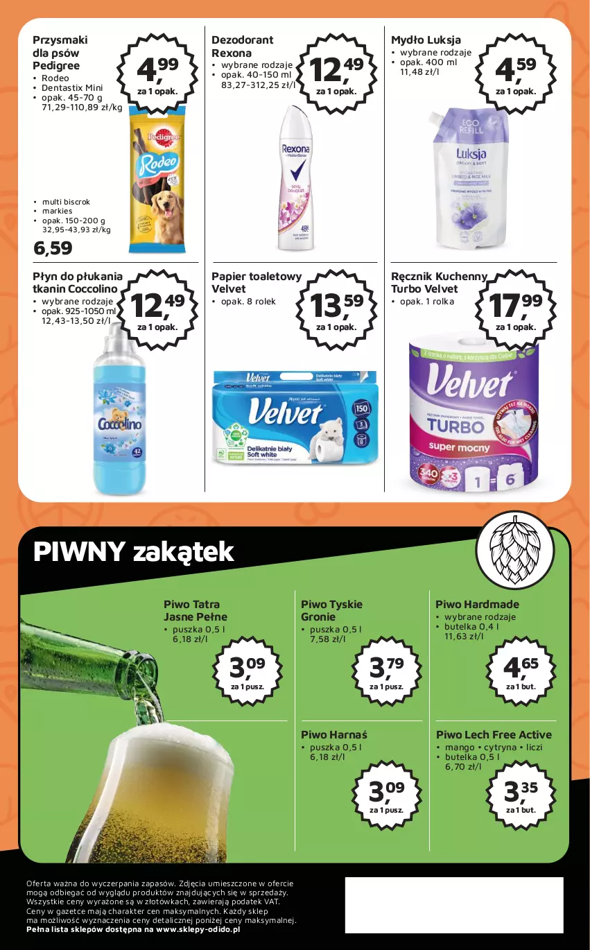 Gazetka promocyjna Odido - Gazetka - ważna 07.04 do 20.04.2023 - strona 8 - produkty: Coccolino, Dezodorant, Harnaś, Liczi, Luksja, Mango, Mydło, Papier, Papier toaletowy, Pedigree, Piwo, Płyn do płukania, Przysmaki, Ręcznik, Ręcznik kuchenny, Rexona, Tatra, Tyskie, Velvet