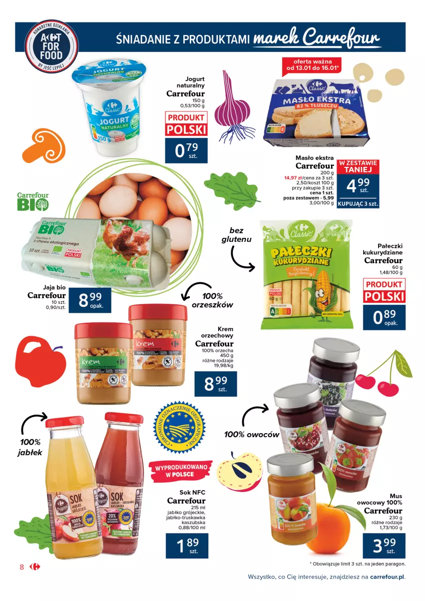 Gazetka promocyjna Carrefour - Gazetka Możemy jeść mądrze - ważna 11.01 do 23.01.2022 - strona 8 - produkty: Jaja, Jogurt, Jogurt naturalny, Kosz, Krem orzechowy, Masło, Mus, Sok