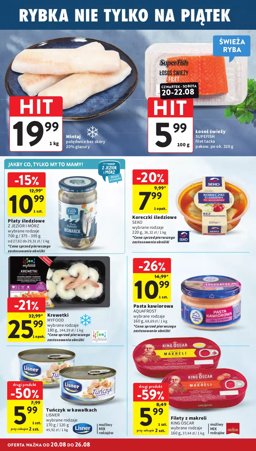 Gazetka promocyjna Intermarche - Gazetka Intermarche - ważna 20.08 do 26.08.2026 - strona 20 - produkty: Kawa, Kawior, Koreczki śledziowe, Krewetki, Lazur, Lisner, Mintaj, Płaty śledziowe, Ryba, SEKO, Tuńczyk