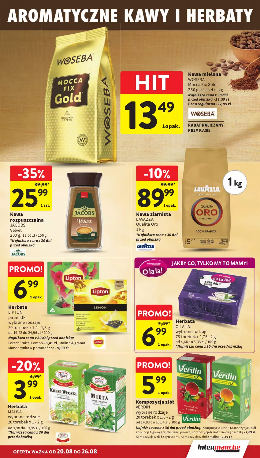 Gazetka promocyjna Intermarche - Gazetka Intermarche - ważna 20.08 do 26.08.2026 - strona 27 - produkty: Gra, Granat, Grejpfrut, Herbata, Jacobs, Jacobs Velvet, Kawa, Kawa mielona, Kawa rozpuszczalna, Kawa ziarnista, Lavazza, Lipton, Mocca Fix Gold, Velvet, Woseba