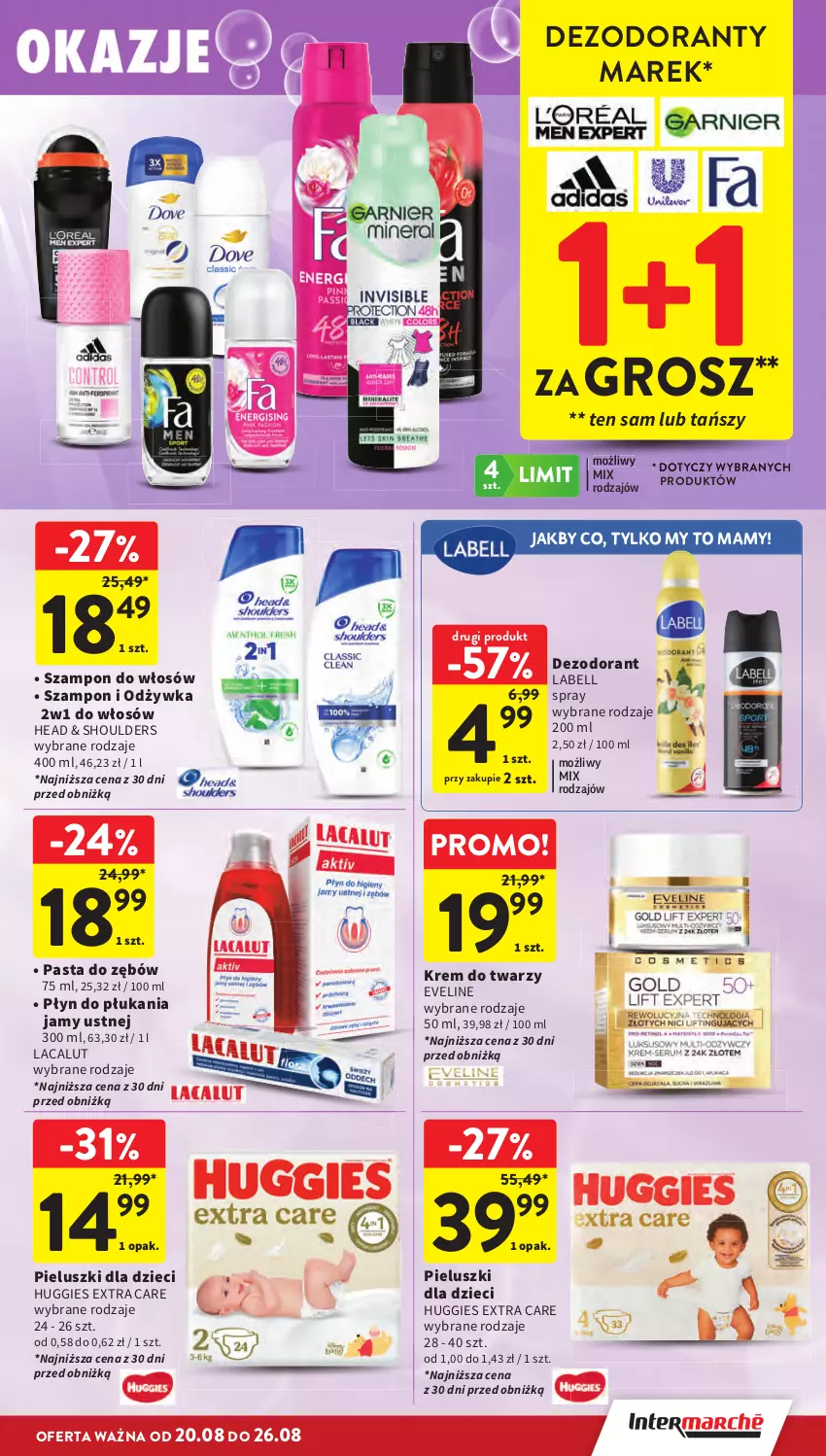 Gazetka promocyjna Intermarche - Gazetka Intermarche - ważna 20.08 do 26.08.2026 - strona 41 - produkty: Bell, Dezodorant, Dzieci, Eveline, Huggies, Krem do twarzy, Lacalut, Odżywka, Pasta do zębów, Płyn do płukania, Płyn do płukania jamy ustnej, Szampon