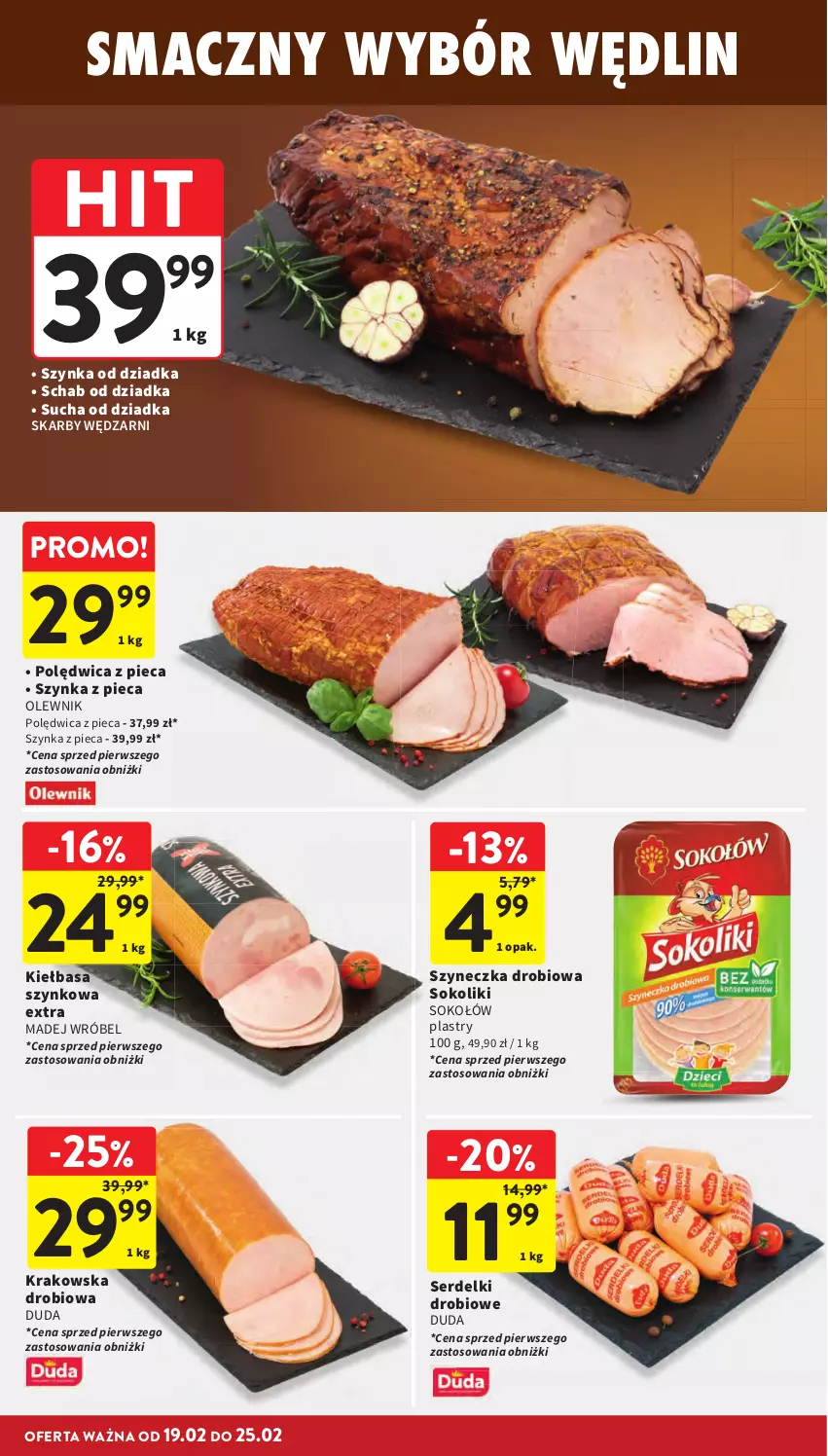 Gazetka promocyjna Intermarche - Gazetka Intermarche - ważna 19.02 do 25.02.2026 - strona 14 - produkty: Duda, Kiełbasa, Kiełbasa szynkowa, Madej Wróbel, Olewnik, Piec, Polędwica, Ser, Serdelki, Sok, Sokołów, Szynka