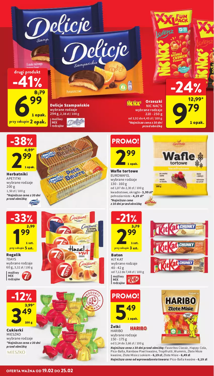 Gazetka promocyjna Intermarche - Gazetka Intermarche - ważna 19.02 do 25.02.2026 - strona 32 - produkty: Baton, Cukier, Cukierki, Delicje, Fa, Haribo, Herbatniki, Kit Kat, Orzeszki, Pico-Balla, Rogal, Sok, Wafle, Wafle tortowe