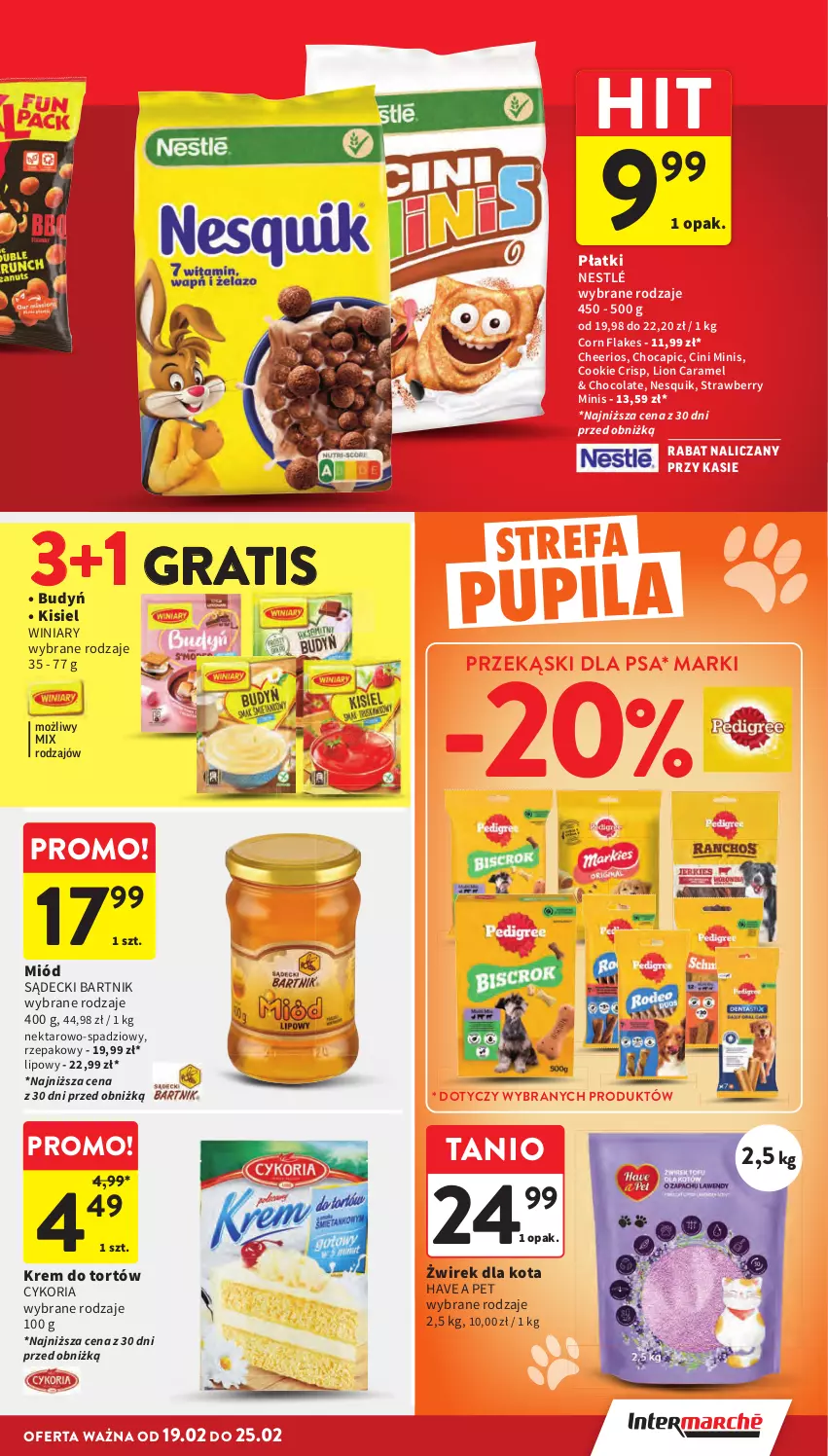 Gazetka promocyjna Intermarche - Gazetka Intermarche - ważna 19.02 do 25.02.2026 - strona 33 - produkty: Budyń, Cheerios, Cini Minis, Corn flakes, Fa, Gra, Kisiel, Krem do tortów, Lion, Miód, Nektar, Nesquik, Nestlé, Przekąski dla psa, Winiary