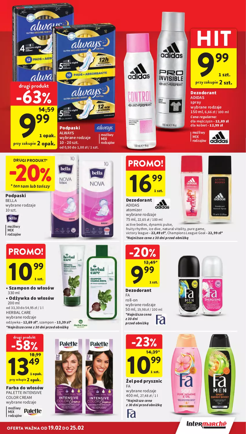 Gazetka promocyjna Intermarche - Gazetka Intermarche - ważna 19.02 do 25.02.2026 - strona 39 - produkty: Adidas, Always, Bell, Bella, Dezodorant, Fa, Farba do włosów, Goal, Odżywka, Palette, Podpaski, Pur, Szampon