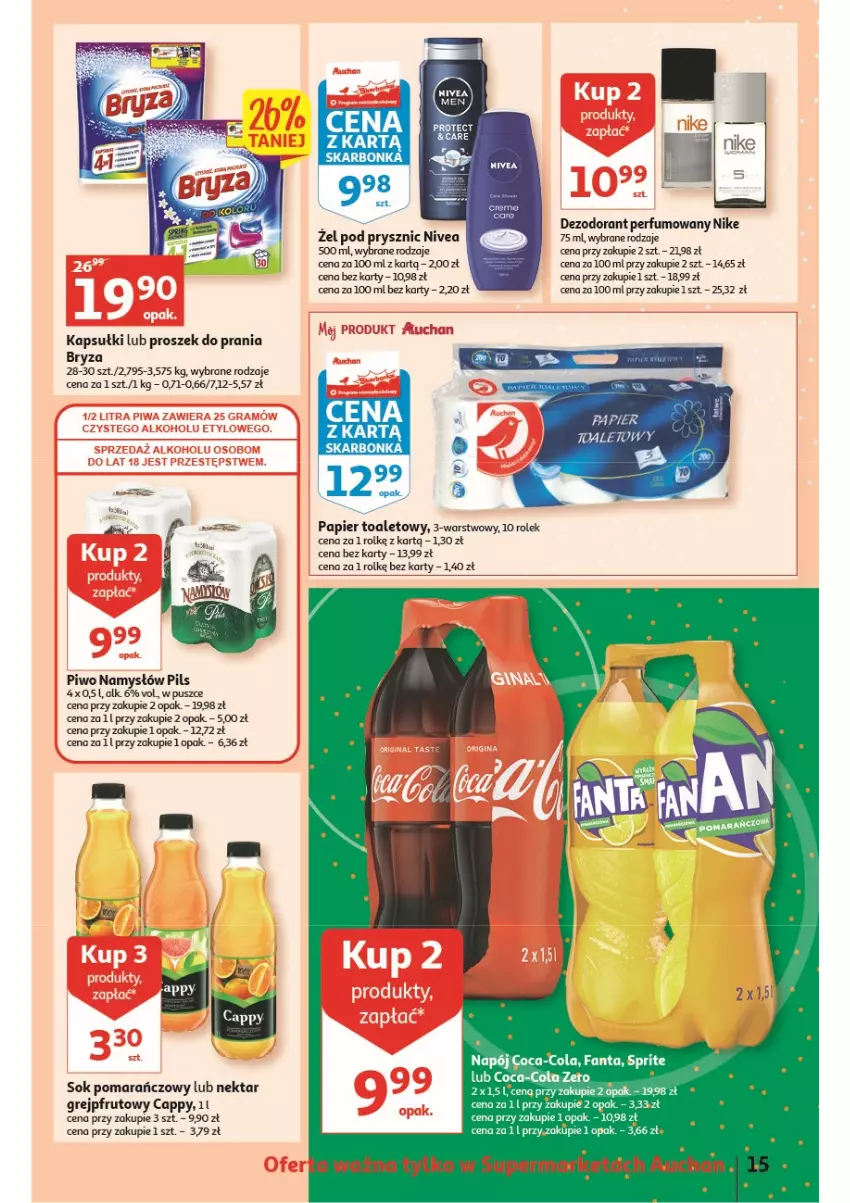 Gazetka promocyjna Auchan - Wiosenne superoferty są w cenie Supermarkety - ważna 05.05 do 11.05.2022 - strona 15 - produkty: Bryza, Cappy, Coca-Cola, Dezodorant, Fa, Fanta, Grejpfrut, Namysłów, Napój, Nektar, Nike, Nivea, Nivea Men, Papier, Papier toaletowy, Perfum, Piwo, Proszek do prania, Sok, Sok pomarańczowy, Sprite