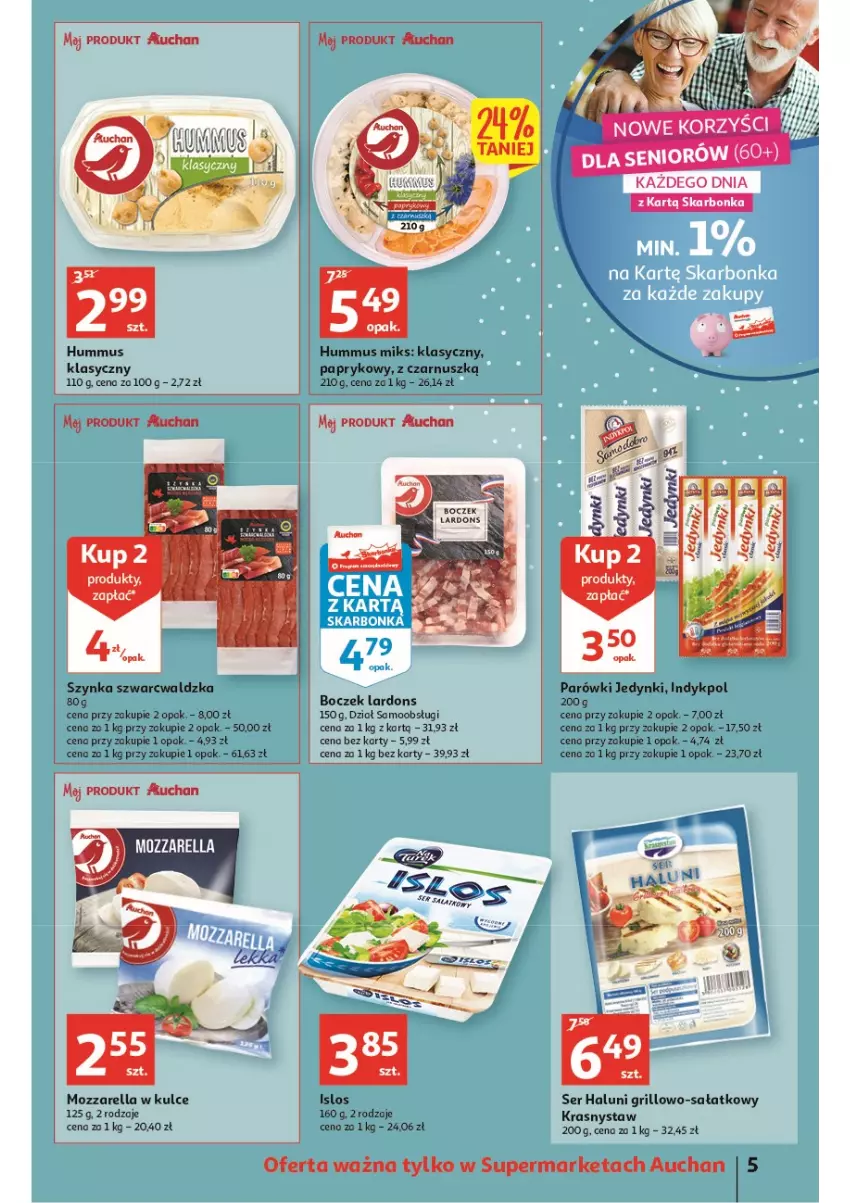 Gazetka promocyjna Auchan - Wiosenne superoferty są w cenie Supermarkety - ważna 05.05 do 11.05.2022 - strona 5 - produkty: Boczek, Grill, Hummus, Mozzarella, Mus, Parówki, Sałat, Ser, Szynka