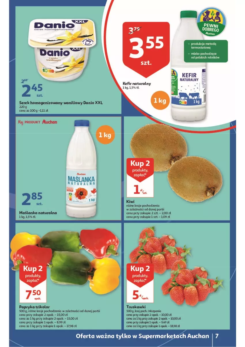 Gazetka promocyjna Auchan - Wiosenne superoferty są w cenie Supermarkety - ważna 05.05 do 11.05.2022 - strona 7 - produkty: Danio, Kefir, Kefir naturalny, Kiwi, Maślanka, Mleko, Papryka, Por, Ser, Serek, Serek homogenizowany, Termos, Truskawki