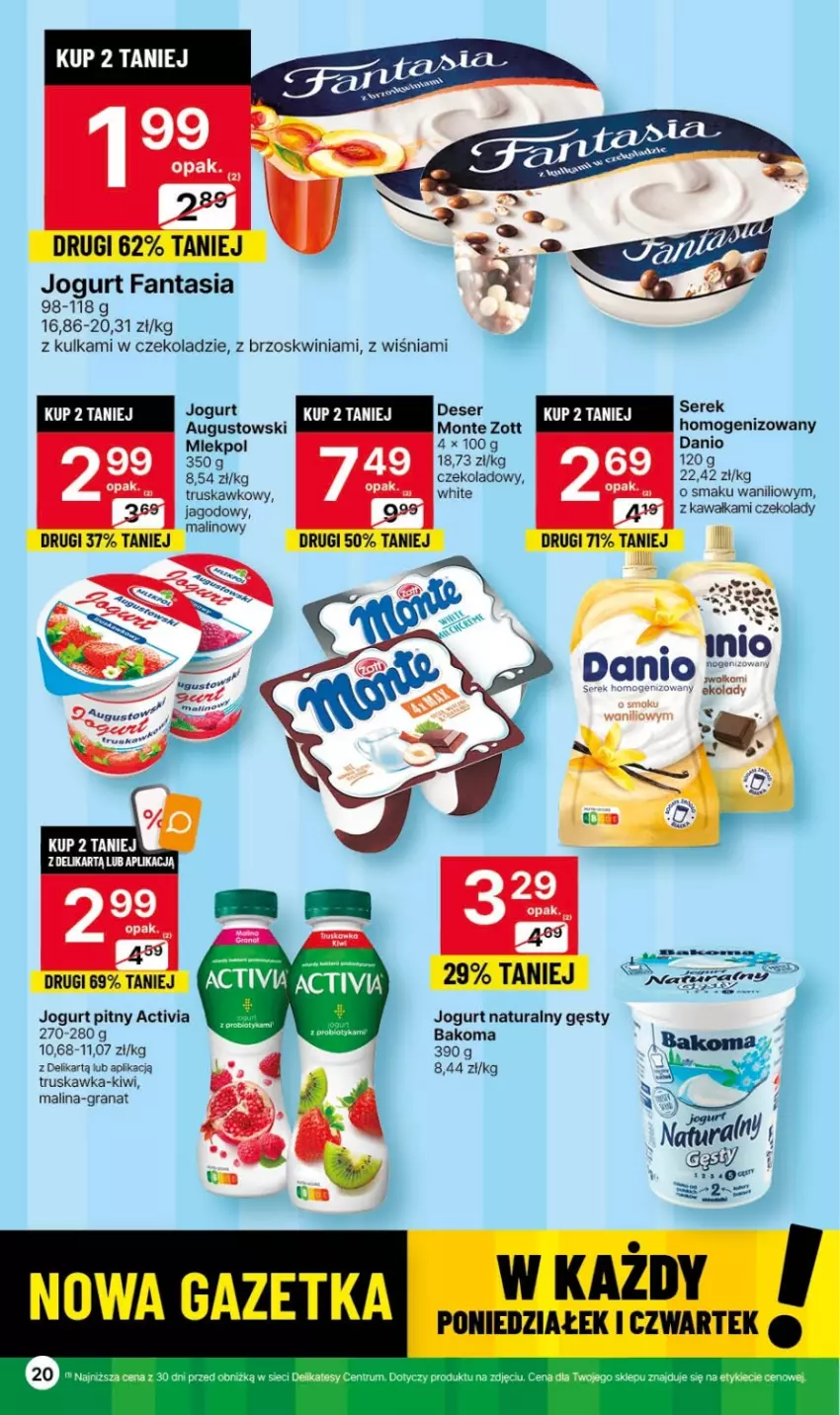 Gazetka promocyjna Delikatesy Centrum - Gazetka DC42 czw-sr - ważna 26.10 do 01.11.2023 - strona 20 - produkty: Activia, Bakoma, Danio, Deser, Fa, Fanta, Gra, Granat, Jogurt, Jogurt naturalny, Jogurt pitny, Kawa, Kiwi, Monte, Rum, Ser, Serek, Zott