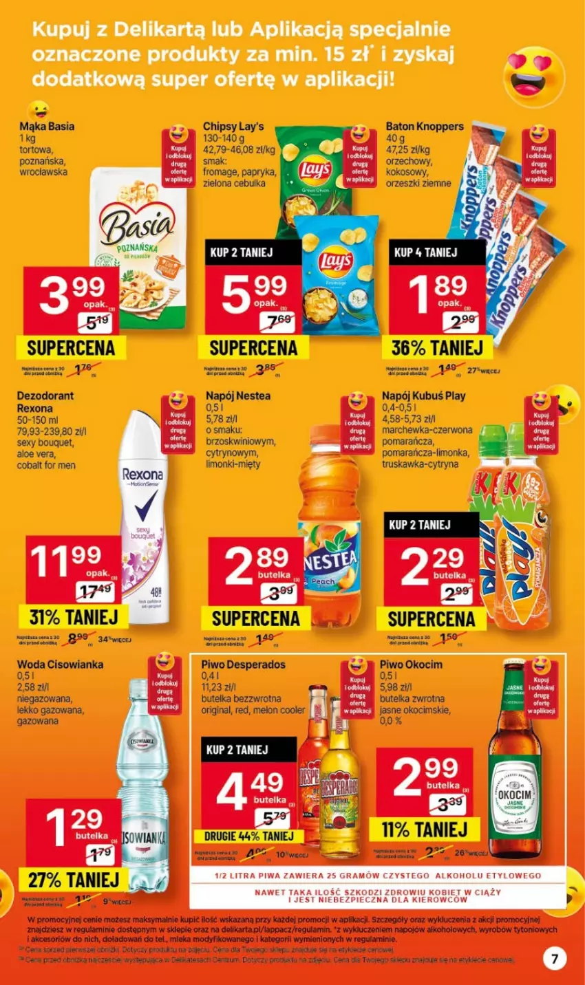 Gazetka promocyjna Delikatesy Centrum - Gazetka DC42 czw-sr - ważna 26.10 do 01.11.2023 - strona 7 - produkty: Aloe vera, Basia, Baton, Chipsy, Cisowianka, Desperados, Dezodorant, Fa, Gin, Gra, Knoppers, Koc, Kokos, Kubuś, Limonka, Mąka, Marchewka, Mars, Melon, Napój, Nestea, Okocim, Orzeszki, Orzeszki ziemne, Papryka, Pax, Piec, Piwa, Piwo, Rexona, Rum, Tusz, Woda