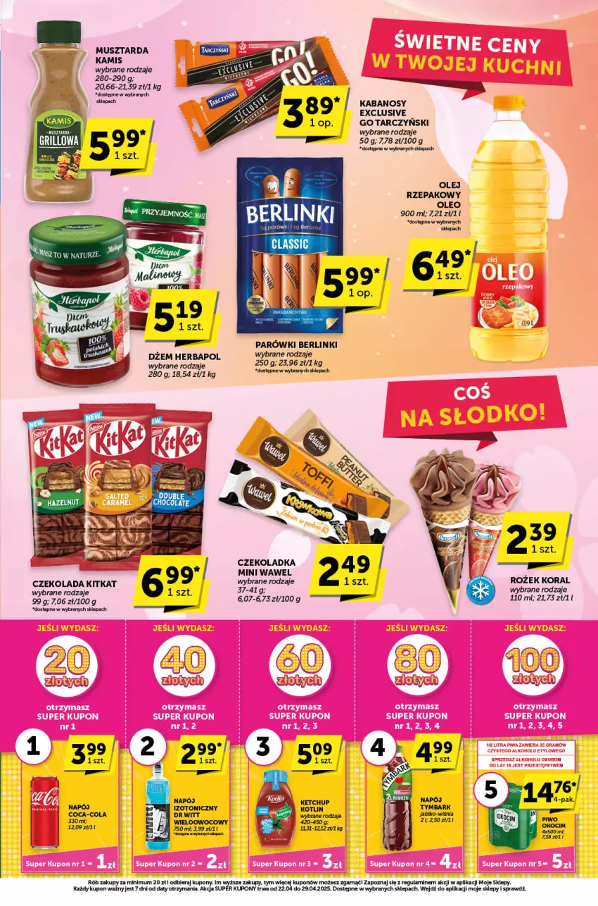 Gazetka promocyjna ABC - ważna 22.04 do 29.04.2025 - strona 3 - produkty: Berlinki, Coca-Cola, Czekolada, Dżem, Herbapol, Kabanos, Kamis, Mus, Musztarda, Napój, Napój izotoniczny, Olej, Olej rzepakowy, Oleo, Parówki, Tarczyński, Wawel