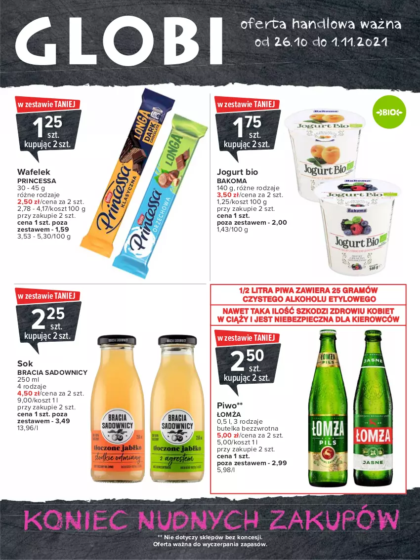 Gazetka promocyjna Carrefour - Gazetka Globi - ważna 26.10 do 01.11.2021 - strona 1 - produkty: Bakoma, Gra, Jogurt, Jogurt bio, Kosz, Piec, Piwa, Piwo, Princessa, Sok, Wafelek