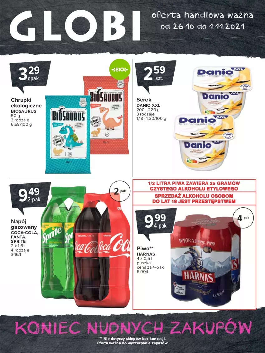 Gazetka promocyjna Carrefour - Gazetka Globi - ważna 26.10 do 01.11.2021 - strona 2 - produkty: Chrupki, Coca-Cola, Danio, Fa, Fanta, Gra, Harnaś, Napój, Napój gazowany, Piwa, Piwo, Ser, Serek, Sprite