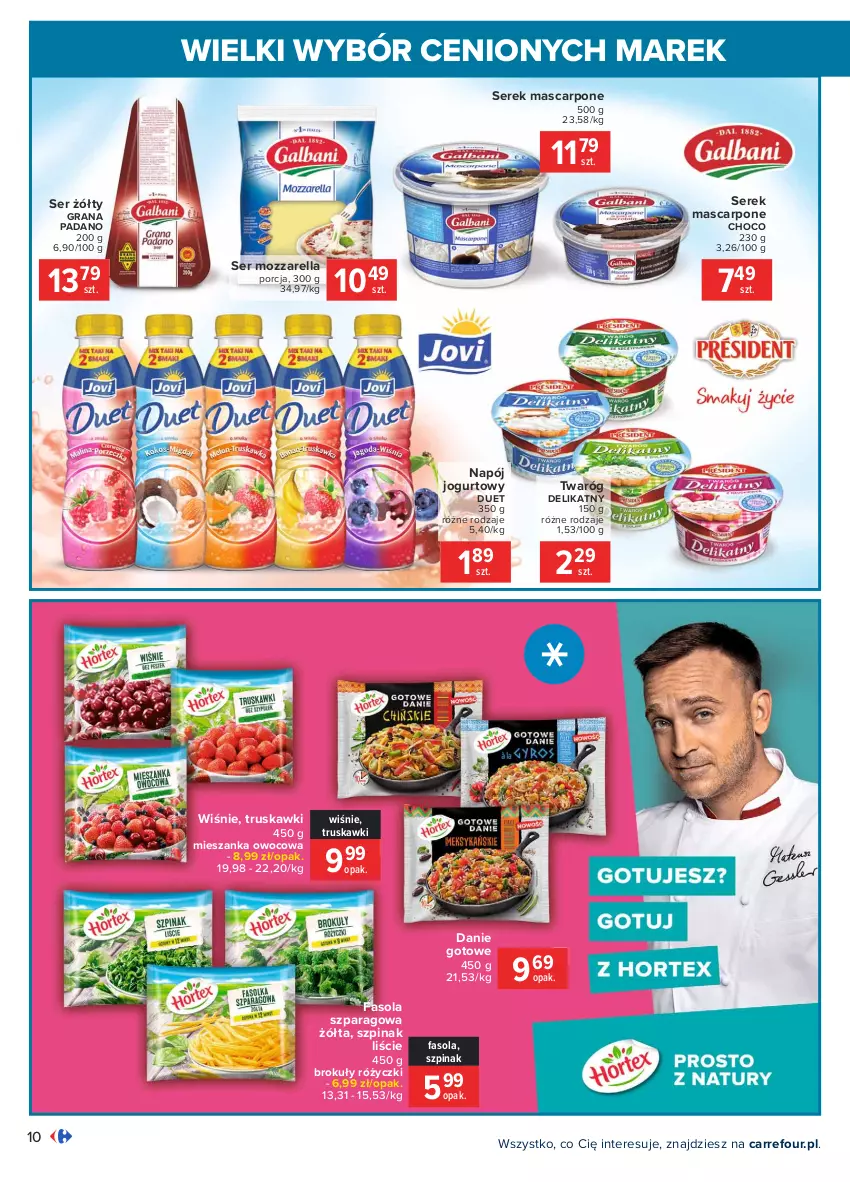 Gazetka promocyjna Carrefour - Gazetka Wielki wybór cenionych marek - ważna 03.05 do 15.05.2021 - strona 10 - produkty: Brokuły, Danie gotowe, Fa, Fasola, Fasola szparagowa, Gra, Jogurt, Mascarpone, Mozzarella, Napój, Napój jogurtowy, Por, Ser, Serek, Szpinak, Truskawki, Twaróg