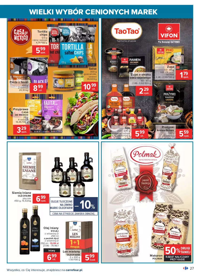 Gazetka promocyjna Carrefour - Gazetka Wielki wybór cenionych marek - ważna 03.05 do 15.05.2021 - strona 27 - produkty: Amol, Fa, Makaron, Olej, Oleo, Oleofarm, Olma, Salsa, Ser, Sos, Stek, Tortilla, Tortilla Chips, Zupa