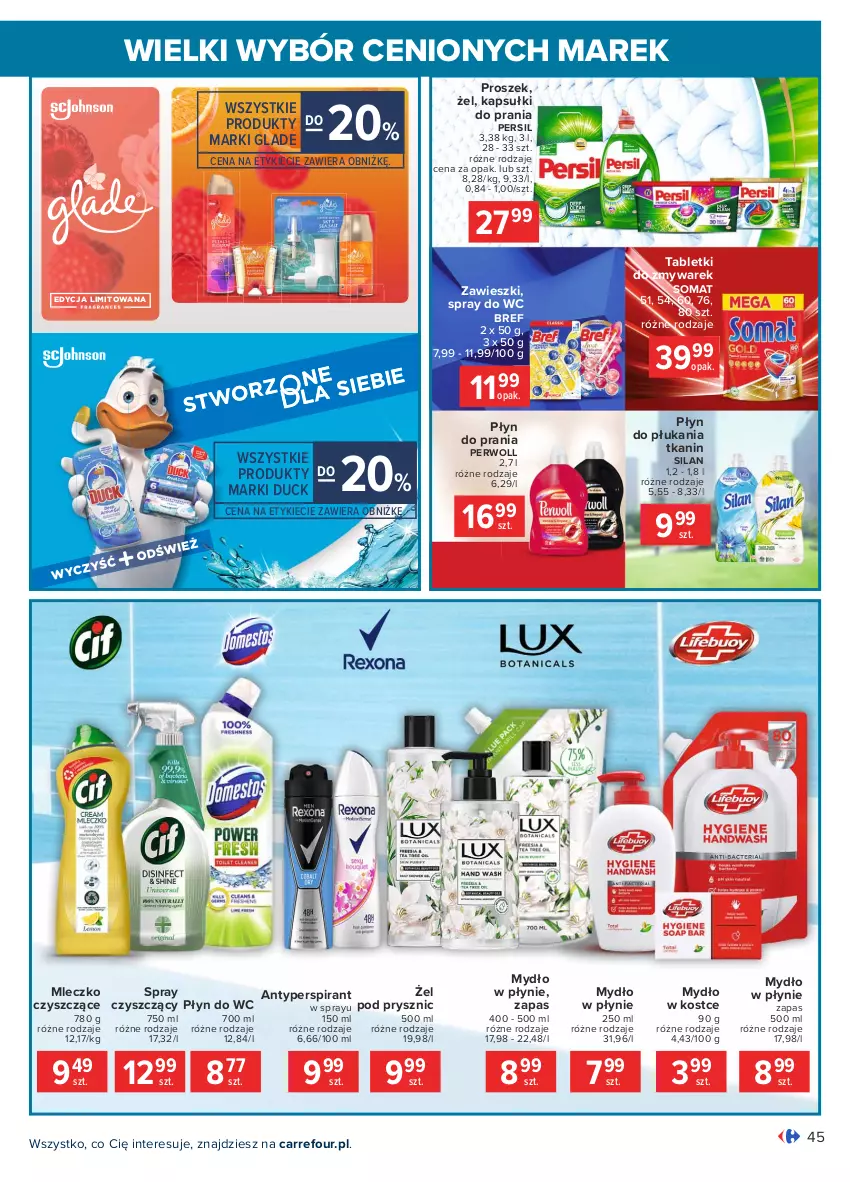 Gazetka promocyjna Carrefour - Gazetka Wielki wybór cenionych marek - ważna 03.05 do 15.05.2021 - strona 45 - produkty: Antyperspirant, Bref, Duck, Kapsułki do prania, Mleczko, Mydło, Mydło w płynie, Persil, Perwoll, Płyn do płukania, Płyn do prania, Płyn do wc, Silan, Somat, Tablet, Zawieszki