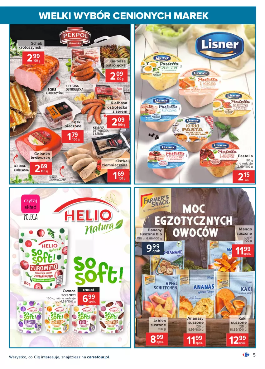 Gazetka promocyjna Carrefour - Gazetka Wielki wybór cenionych marek - ważna 03.05 do 15.05.2021 - strona 5 - produkty: Ananas, Banany, Jabłka, Kaki, Kiełbasa, Mango, Mango suszone, Owoce, Pastella, Piec, Schab krotoszyński, Ser