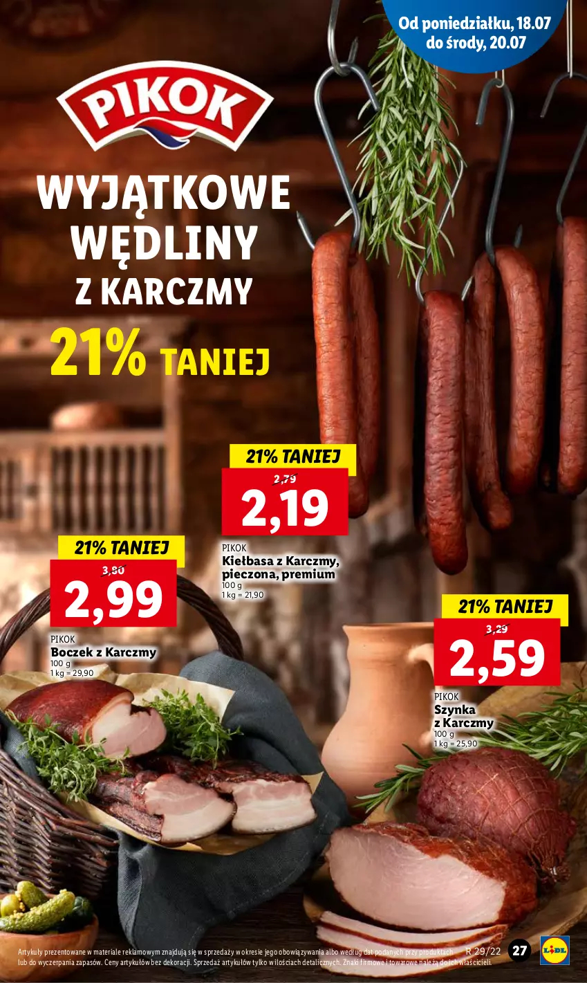 Gazetka promocyjna Lidl - GAZETKA - ważna 18.07 do 20.07.2022 - strona 27 - produkty: Boczek, Kiełbasa, Piec, PIKOK, Szynka