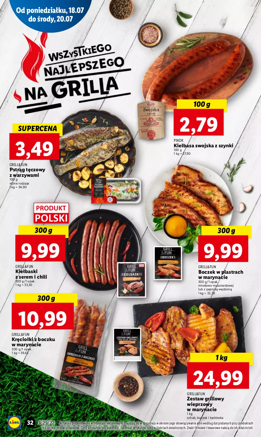 Gazetka promocyjna Lidl - GAZETKA - ważna 18.07 do 20.07.2022 - strona 32 - produkty: Boczek, Grill, Kiełbasa, Mus, PIKOK, Pstrąg, Pstrąg tęczowy, Ser, Warzywa