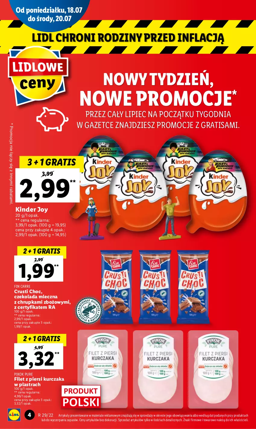 Gazetka promocyjna Lidl - GAZETKA - ważna 18.07 do 20.07.2022 - strona 4 - produkty: Czekolada, Czekolada mleczna, Filet z piersi kurczaka, Gra, Kinder, Kurczak, Piec, PIKOK, Pur, Rust