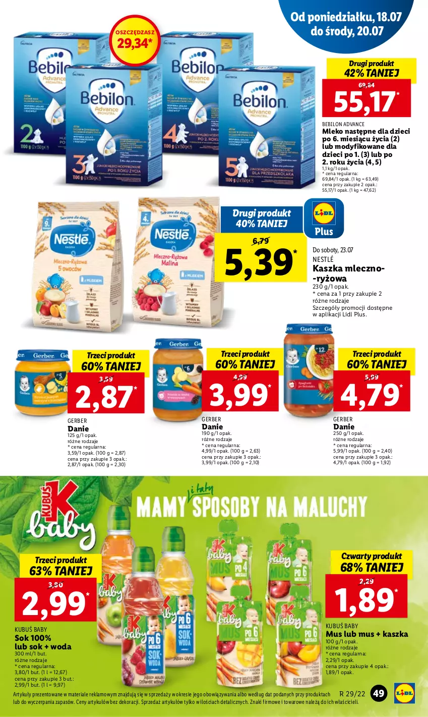 Gazetka promocyjna Lidl - GAZETKA - ważna 18.07 do 20.07.2022 - strona 49 - produkty: BEBILON, Dzieci, Gerber, Kubuś, Mleko, Mus, Nestlé, O nas, Ryż, Sok, Woda