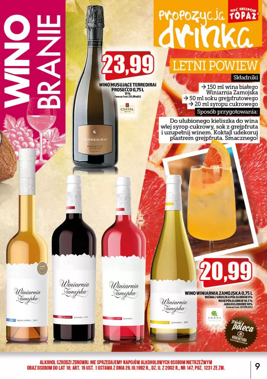 Gazetka promocyjna Topaz - Gazetka - ważna 02.05 do 31.05.2023 - strona 9 - produkty: Grejpfrut, Prosecco, Sok, Syrop, Winiarnia Zamojska, Wino