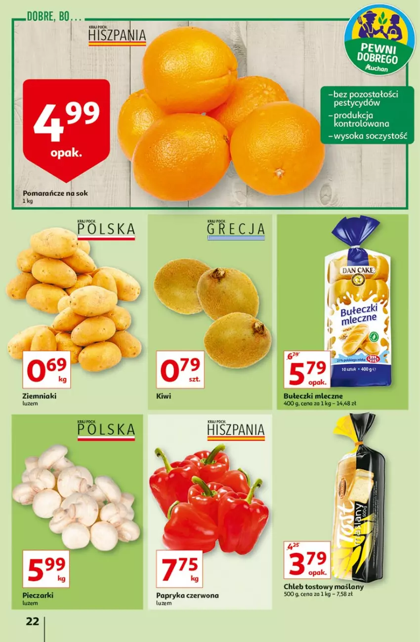 Gazetka promocyjna Auchan - Hiper porządki Hipermarkety - ważna 18.02 do 25.02.2021 - strona 22 - produkty: Bułeczki, Bułeczki mleczne, Chleb, Chleb tostowy, Kiwi, Papryka, Papryka czerwona, Piec, Pomarańcze, Sok, Ziemniaki