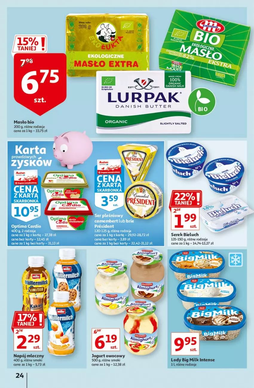 Gazetka promocyjna Auchan - Hiper porządki Hipermarkety - ważna 18.02 do 25.02.2021 - strona 24 - produkty: Bieluch, Jogurt, Jogurt owocowy, Masło, Napój, Napój mleczny, Optima, Optima Cardio, Ser, Serek