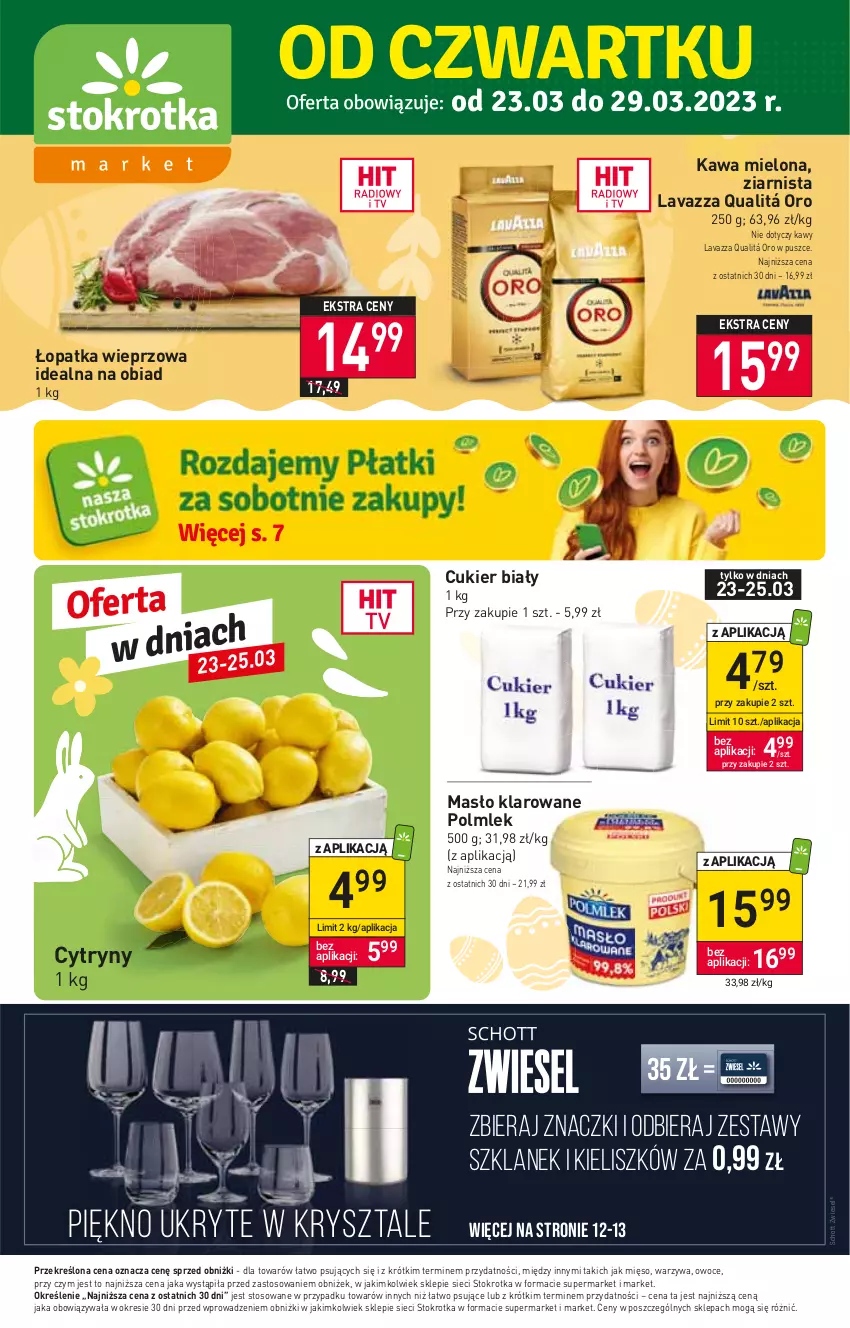 Gazetka promocyjna Stokrotka - Market - ważna 23.03 do 29.03.2023 - strona 1 - produkty: Cukier, Cytryny, Gin, Kawa, Kawa mielona, Lavazza, Masło, Masło klarowane, Mięso, Owoce, POLMLEK, Warzywa