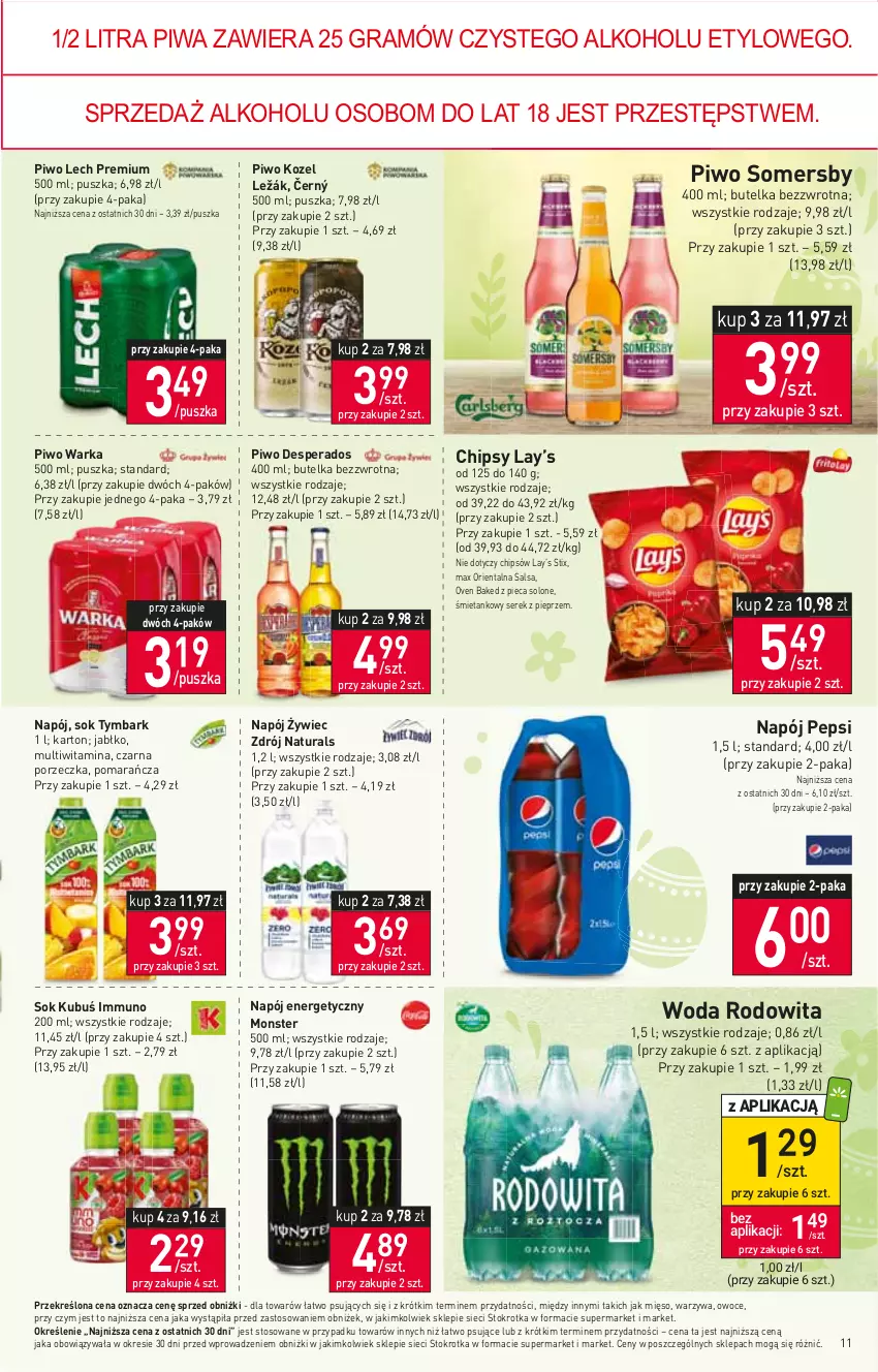 Gazetka promocyjna Stokrotka - Market - ważna 23.03 do 29.03.2023 - strona 11 - produkty: Chipsy, Desperados, Gra, Kozel, Kubuś, Lay’s, Lech Premium, Mięso, Napój, Napój energetyczny, Owoce, Pepsi, Piec, Pieprz, Piwa, Piwo, Por, Salsa, Ser, Serek, Sok, Somersby, Tymbark, Warka, Warzywa, Woda