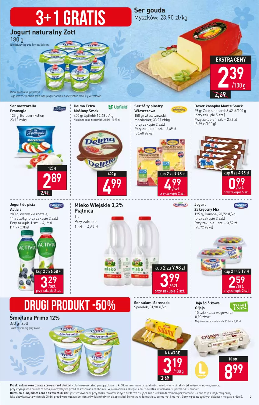 Gazetka promocyjna Stokrotka - Market - ważna 23.03 do 29.03.2023 - strona 5 - produkty: Activia, Danone, Delma, Deser, Gouda, Gra, Jaja, Jogurt, Jogurt naturalny, Mazdamer, Mięso, Mleko, Monte, Mozzarella, Mysz, Owoce, Piątnica, Por, Salami, Ser, Ser salami, Warzywa, Włoszczowski, Zott