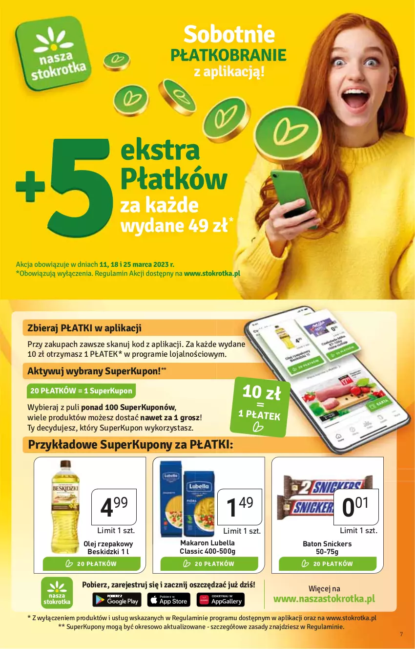 Gazetka promocyjna Stokrotka - Market - ważna 23.03 do 29.03.2023 - strona 7 - produkty: Baton, Bell, Bella, Beskidzki, Gin, Lubella, Makaron, Olej, Olej rzepakowy, Snickers